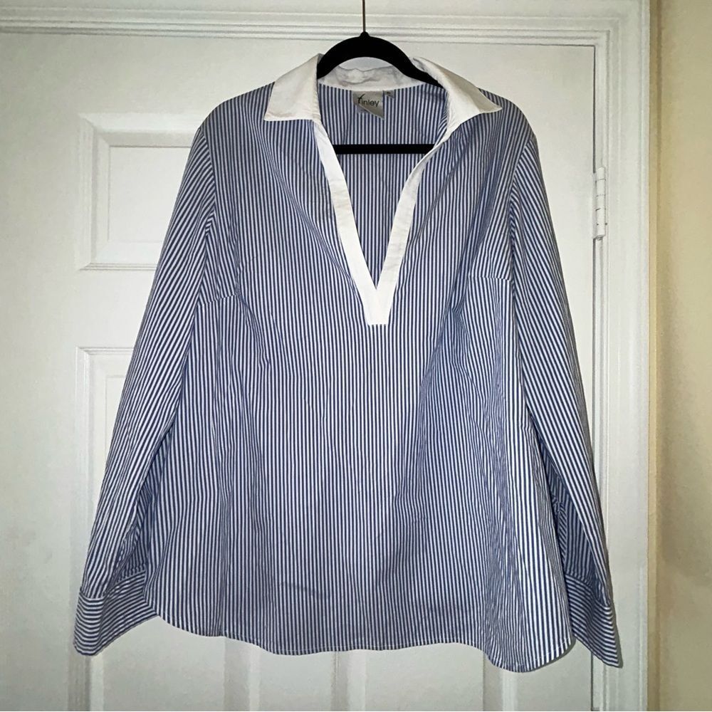 Finley Stripe Print Long Sleeve Roll Tab V-Neck Blouse Shirt Top